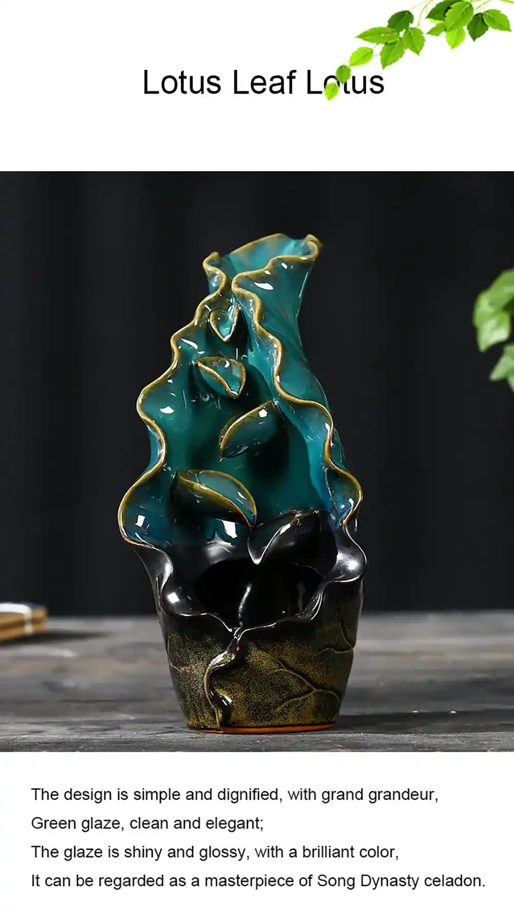 Ceramic Lotus Leaf Backflow Incense Burner - Artistic Conception Handicrafts