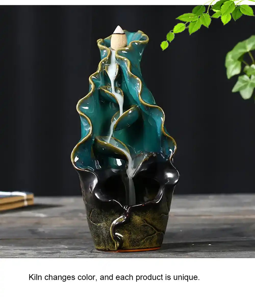 Ceramic Lotus Leaf Backflow Incense Burner - Artistic Conception Handicrafts