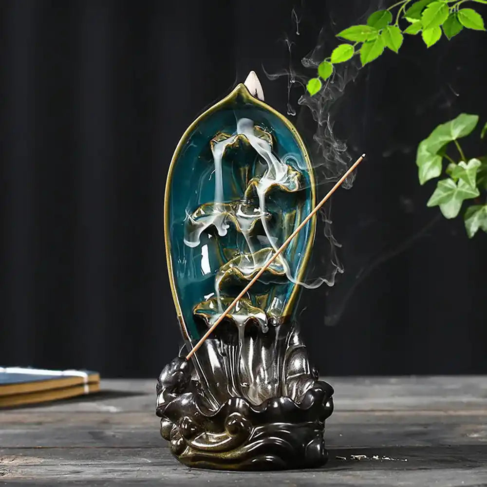 Ceramic Lotus Leaf Backflow Incense Burner - Artistic Conception Handicrafts