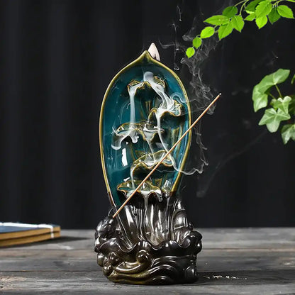 Ceramic Lotus Leaf Backflow Incense Burner - Artistic Conception Handicrafts