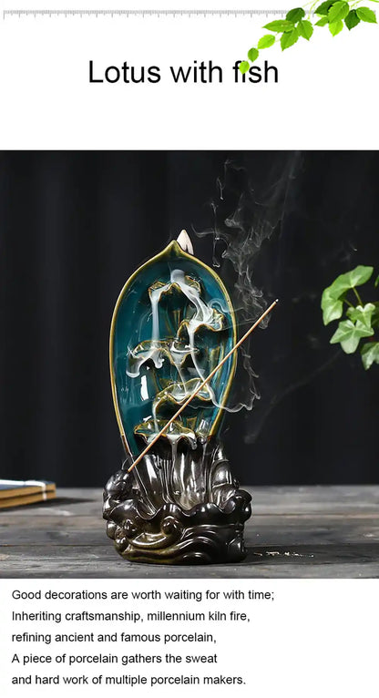 Ceramic Lotus Leaf Backflow Incense Burner - Artistic Conception Handicrafts