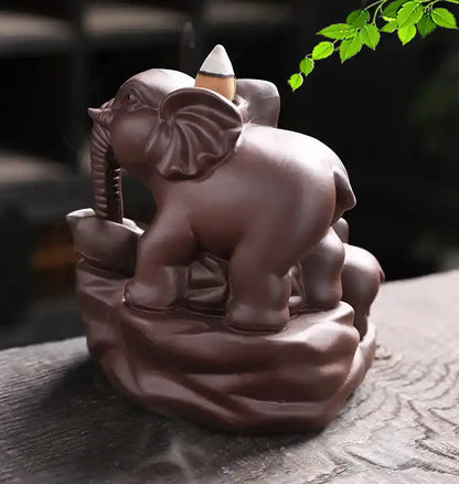 Ceramic Thai Deity Elephant Backflow Incense Burner - Mother and Calf Elephants Ornaments