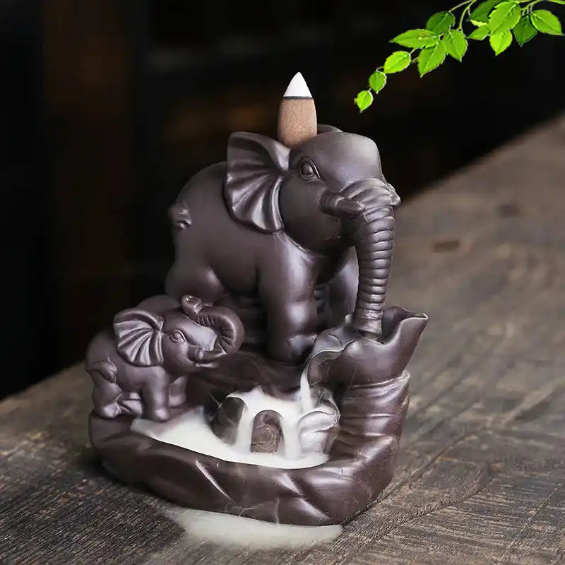 Ceramic Thai Deity Elephant Backflow Incense Burner - Mother and Calf Elephants Ornaments