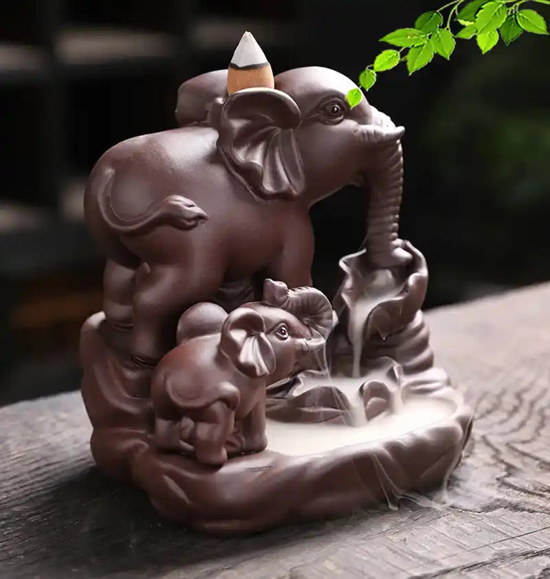 Ceramic Thai Deity Elephant Backflow Incense Burner - Mother and Calf Elephants Ornaments