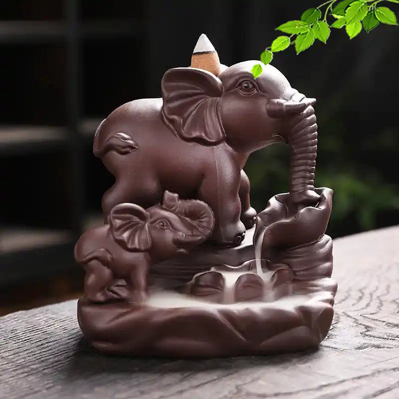 Ceramic Thai Deity Elephant Backflow Incense Burner - Mother and Calf Elephants Ornaments