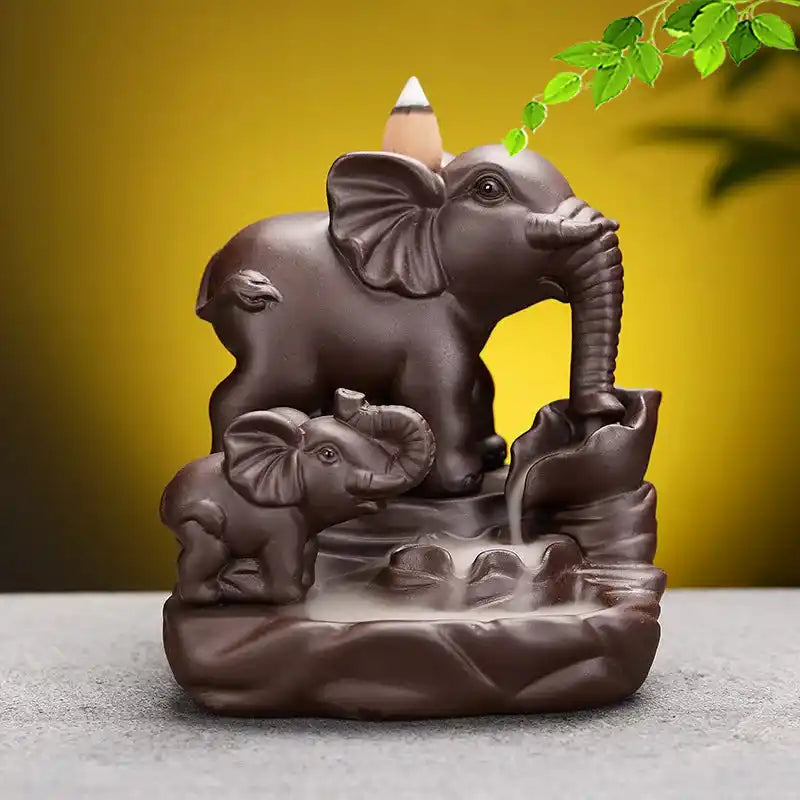 Ceramic Thai Deity Elephant Backflow Incense Burner - Mother and Calf Elephants Ornaments