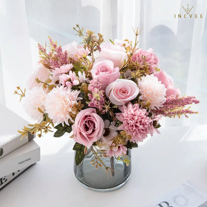 Zusammengestellter Seidenblumenstrauß – Gesteck aus Kunstrosen, Hortensien und Gänseblümchen, Steckblumenstiel, 34 cm