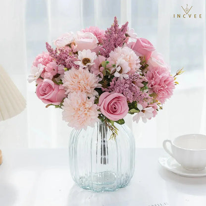 Zusammengestellter Seidenblumenstrauß – Gesteck aus Kunstrosen, Hortensien und Gänseblümchen, Steckblumenstiel, 34 cm