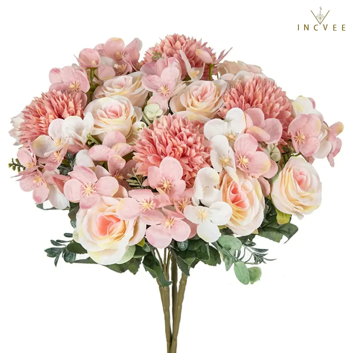 Kuratierter Seidenrosen- und Kirschblütenstrauß – Mischung aus künstlichen Hortensien und Eukalyptus, 31 cm