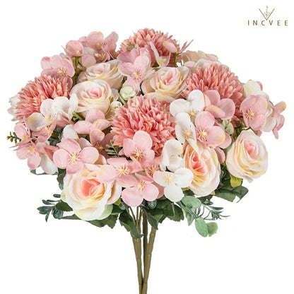 Kuratierter Seidenrosen- und Kirschblütenstrauß – Mischung aus künstlichen Hortensien und Eukalyptus, 31 cm