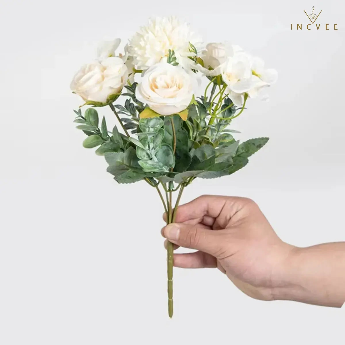 Kuratierter Seidenrosen- und Kirschblütenstrauß – Mischung aus künstlichen Hortensien und Eukalyptus, 31 cm