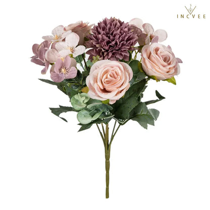 Kuratierter Seidenrosen- und Kirschblütenstrauß – Mischung aus künstlichen Hortensien und Eukalyptus, 31 cm