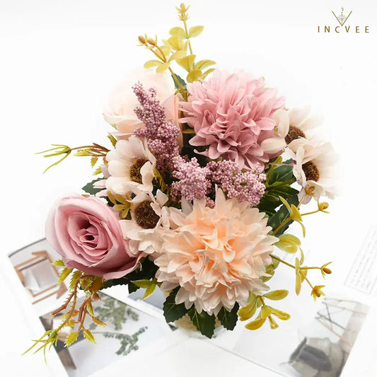 Curated Silk Rose & Hydrangea Bouquet - Faux Daisy with Sculptural Foam Spike, 12.6in Tabletop Decor