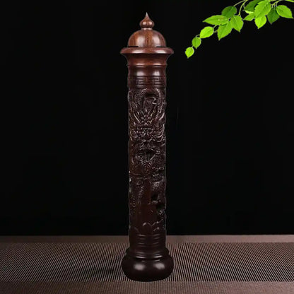 Cylindrical Rosewood Incense Holder - Solid Wood Carved Dragon Incense Burner