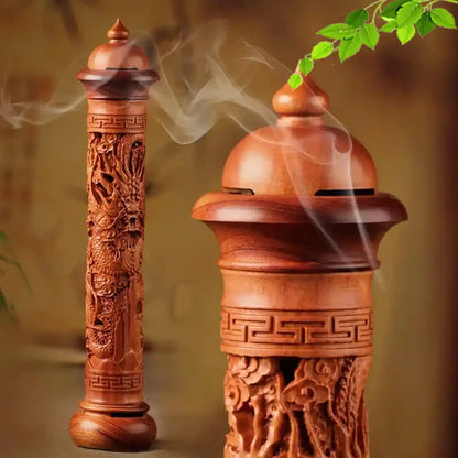 Cylindrical Rosewood Incense Holder - Solid Wood Carved Dragon Incense Burner