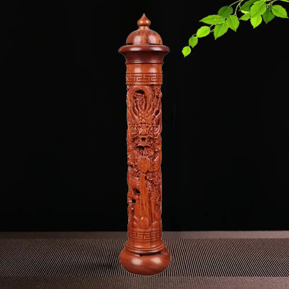 Cylindrical Rosewood Incense Holder - Solid Wood Carved Dragon Incense Burner