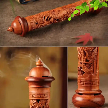 Cylindrical Rosewood Incense Holder - Solid Wood Carved Dragon Incense Burner