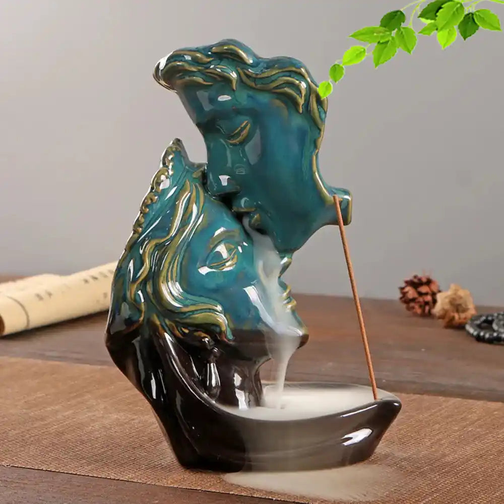 Deep Kiss Backflow Incense Burner - Blue Ceramic Waterfall Incense Burner