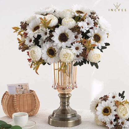 Künstlicher Sonnenblumenstrauß in Trockenblumenoptik – Gemischte Pfingstrosen und Chrysanthemen aus Seide, Artful Heritage Decor, 32 cm breite Bündel