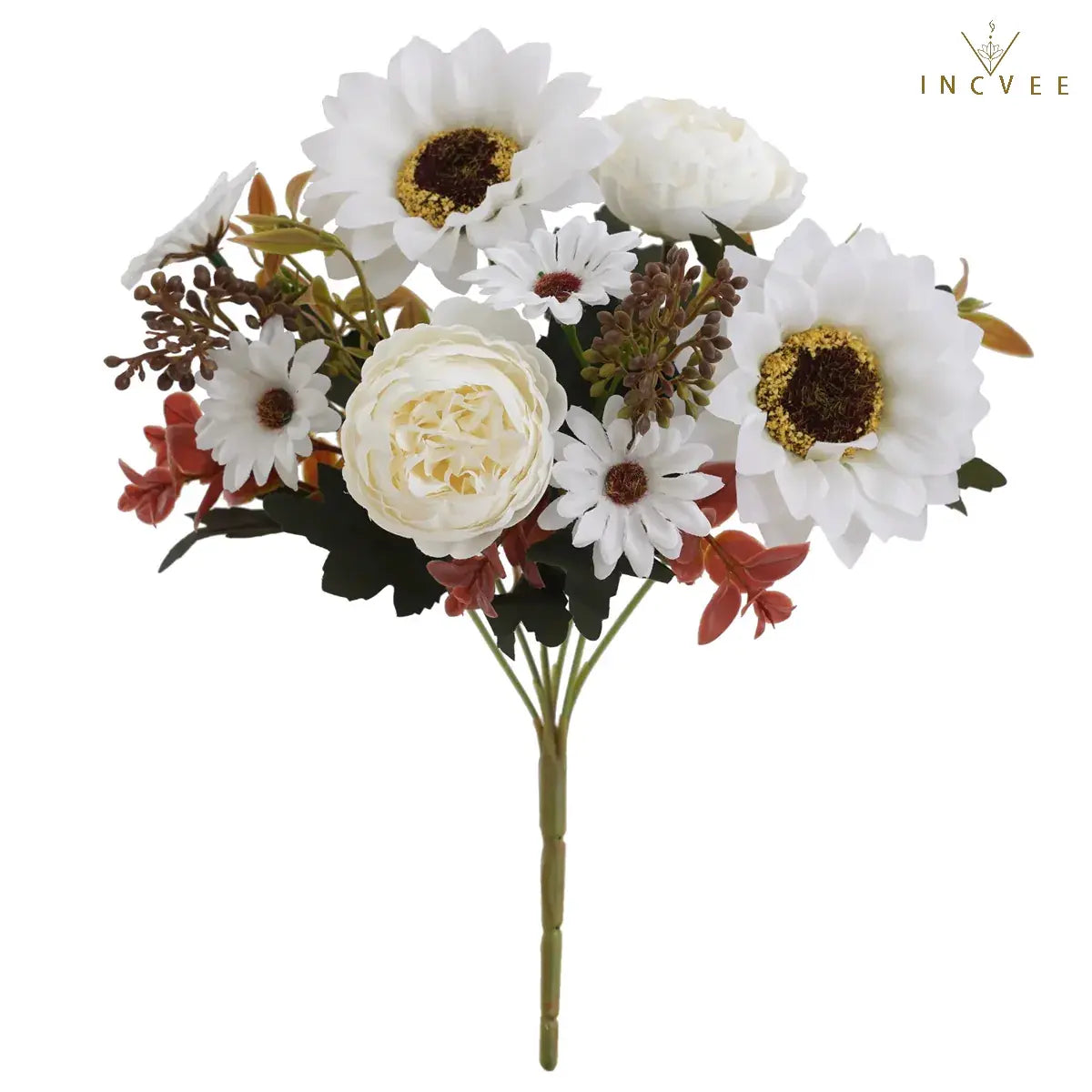 Künstlicher Sonnenblumenstrauß in Trockenblumenoptik – Gemischte Pfingstrosen und Chrysanthemen aus Seide, Artful Heritage Decor, 32 cm breite Bündel