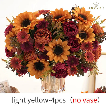 Künstlicher Sonnenblumenstrauß in Trockenblumenoptik – Gemischte Pfingstrosen und Chrysanthemen aus Seide, Artful Heritage Decor, 32 cm breite Bündel