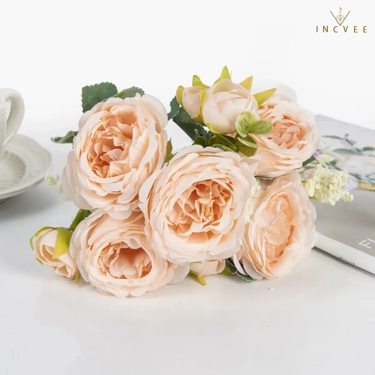 Kaiserlicher Seidenpfingstrosenstrauß – Orientalische Königin der Blumen, Symbol für Reichtum und Wohlstand, 9 Köpfe / 30 cm Stiel