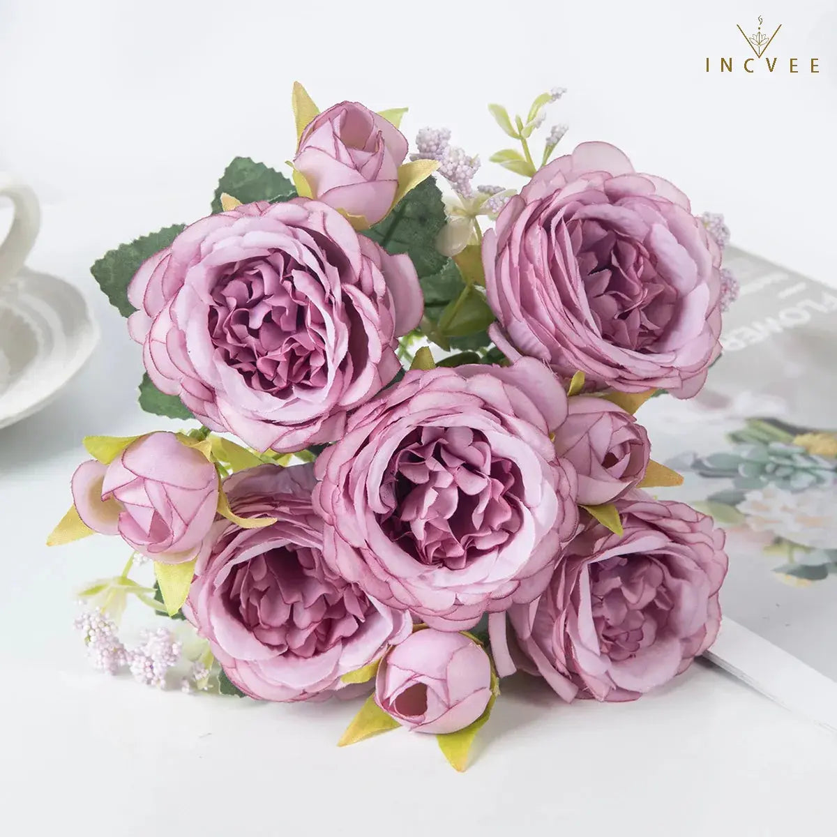 Kaiserlicher Seidenpfingstrosenstrauß – Orientalische Königin der Blumen, Symbol für Reichtum und Wohlstand, 9 Köpfe / 30 cm Stiel