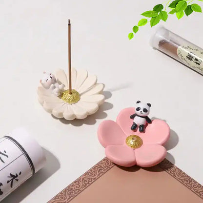 Japanese Style Resin Cherry Blossom Sakura Plate Incense Holder with Cute Animal