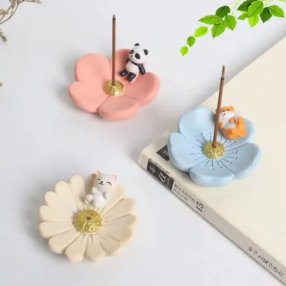 Japanese Style Resin Cherry Blossom Sakura Plate Incense Holder with Cute Animal