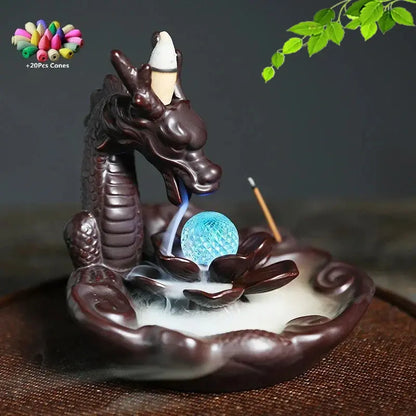 Lotus Dragon Ball LED Dragon Incense Burner Ceramic Waterfall Incense Burner