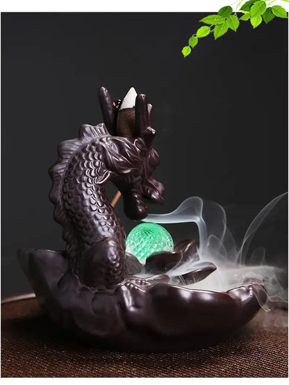 Lotus Dragon Ball LED Dragon Incense Burner Ceramic Waterfall Incense Burner