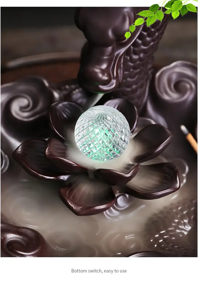 Lotus Dragon Ball LED Dragon Incense Burner Ceramic Waterfall Incense Burner