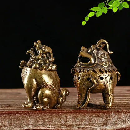 Lucky Feng Shui Mythical Beast Incense Burner - Retro Brass Hollow with Cover