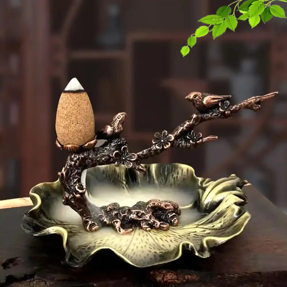 Metal Creative Lotus Backflow Incense Burner with Birds Plum Branch