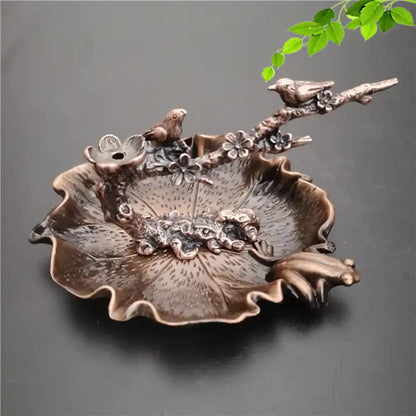 Metal Creative Lotus Backflow Incense Burner with Birds Plum Branch