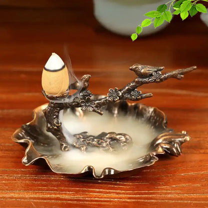 Metal Creative Lotus Backflow Incense Burner with Birds Plum Branch