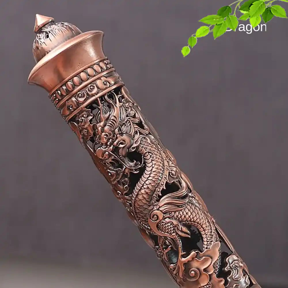 Metal Retro Vertical Incense Burner - Dragon Phoenix Sutra Hollow Design