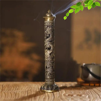 Metal Retro Vertical Incense Burner - Dragon Phoenix Sutra Hollow Design