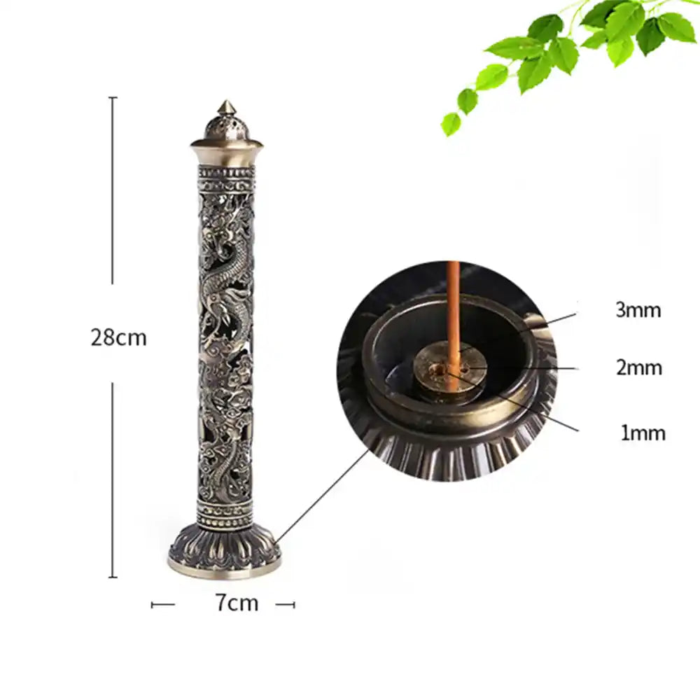 Metal Retro Vertical Incense Burner - Dragon Phoenix Sutra Hollow Design