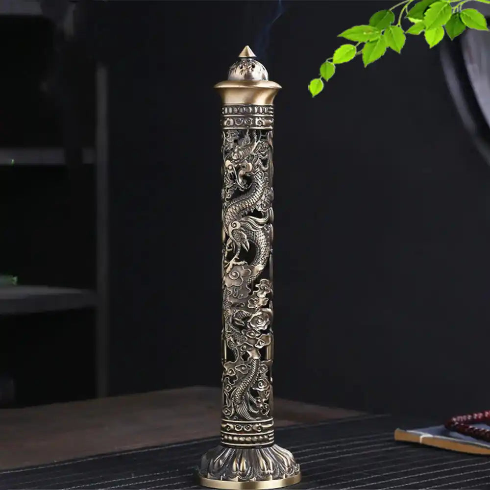 Metal Retro Vertical Incense Burner - Dragon Phoenix Sutra Hollow Design