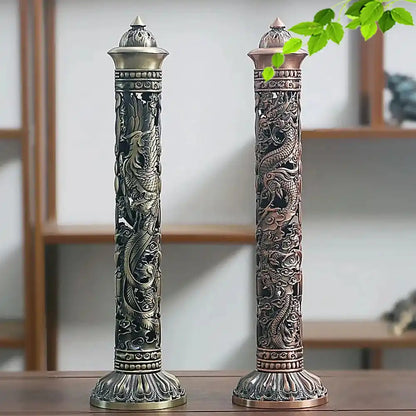 Metal Retro Vertical Incense Burner - Dragon Phoenix Sutra Hollow Design