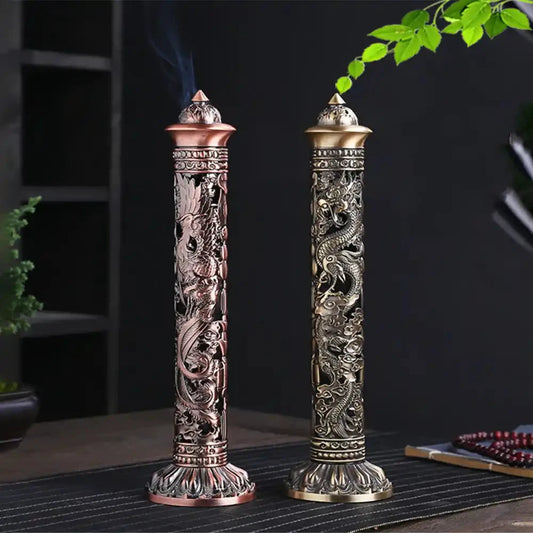 Metal Retro Vertical Incense Burner - Dragon Phoenix Sutra Hollow Design