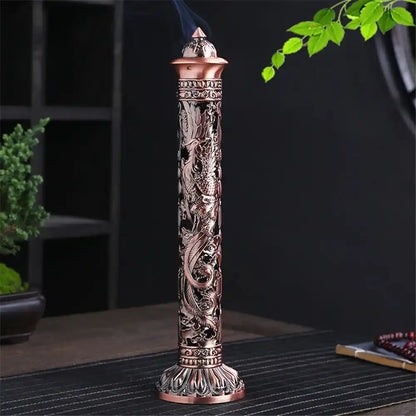 Metal Retro Vertical Incense Burner - Dragon Phoenix Sutra Hollow Design