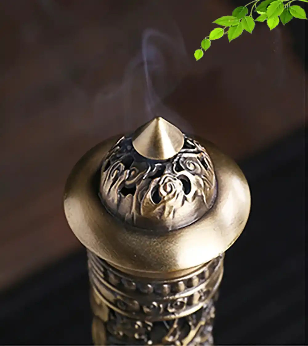 Metal Retro Vertical Incense Burner - Dragon Phoenix Sutra Hollow Design