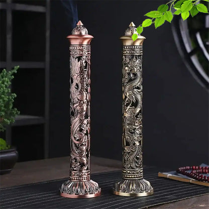 Metal Retro Vertical Incense Burner - Dragon Phoenix Sutra Hollow Design