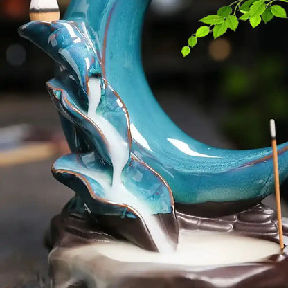 Moon & Lotus Pond Ceramic Waterfall Backflow Incense Burner - Incense Holder