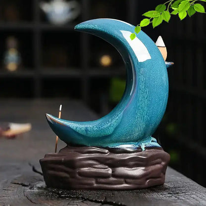 Moon & Lotus Pond Ceramic Waterfall Backflow Incense Burner - Incense Holder