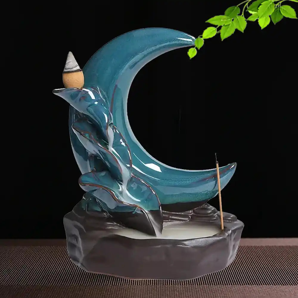 Moon & Lotus Pond Ceramic Waterfall Backflow Incense Burner - Incense Holder