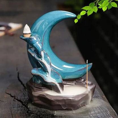 Moon & Lotus Pond Ceramic Waterfall Backflow Incense Burner - Incense Holder