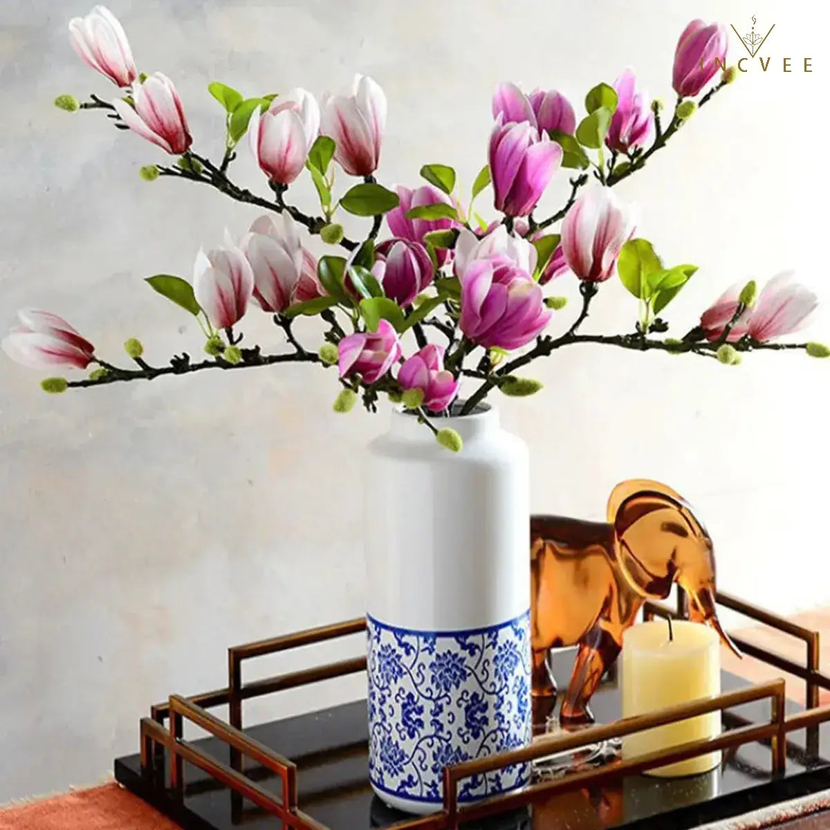 Oriental Calm Artificial Magnolia - Silk Blooms & Buds for Zen Home Decor, 65cm for Minimalist Vase